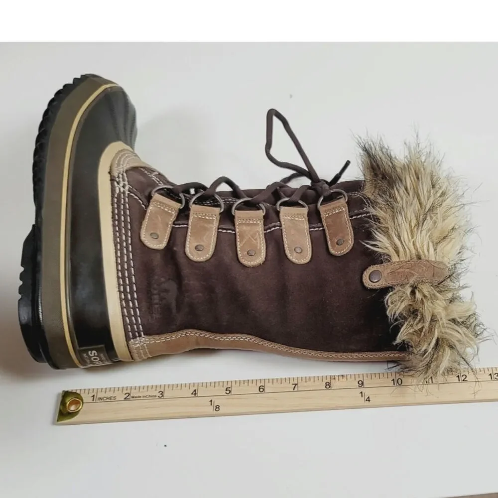 Sorel Joan Of Arctic Faux Fur Trim Waterproof  Snow Boots in Brown, sz 6